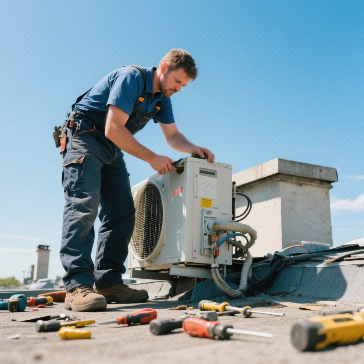Emergency AC repair in Camden, NJ—technician diagnosing an outdoor condenser at night