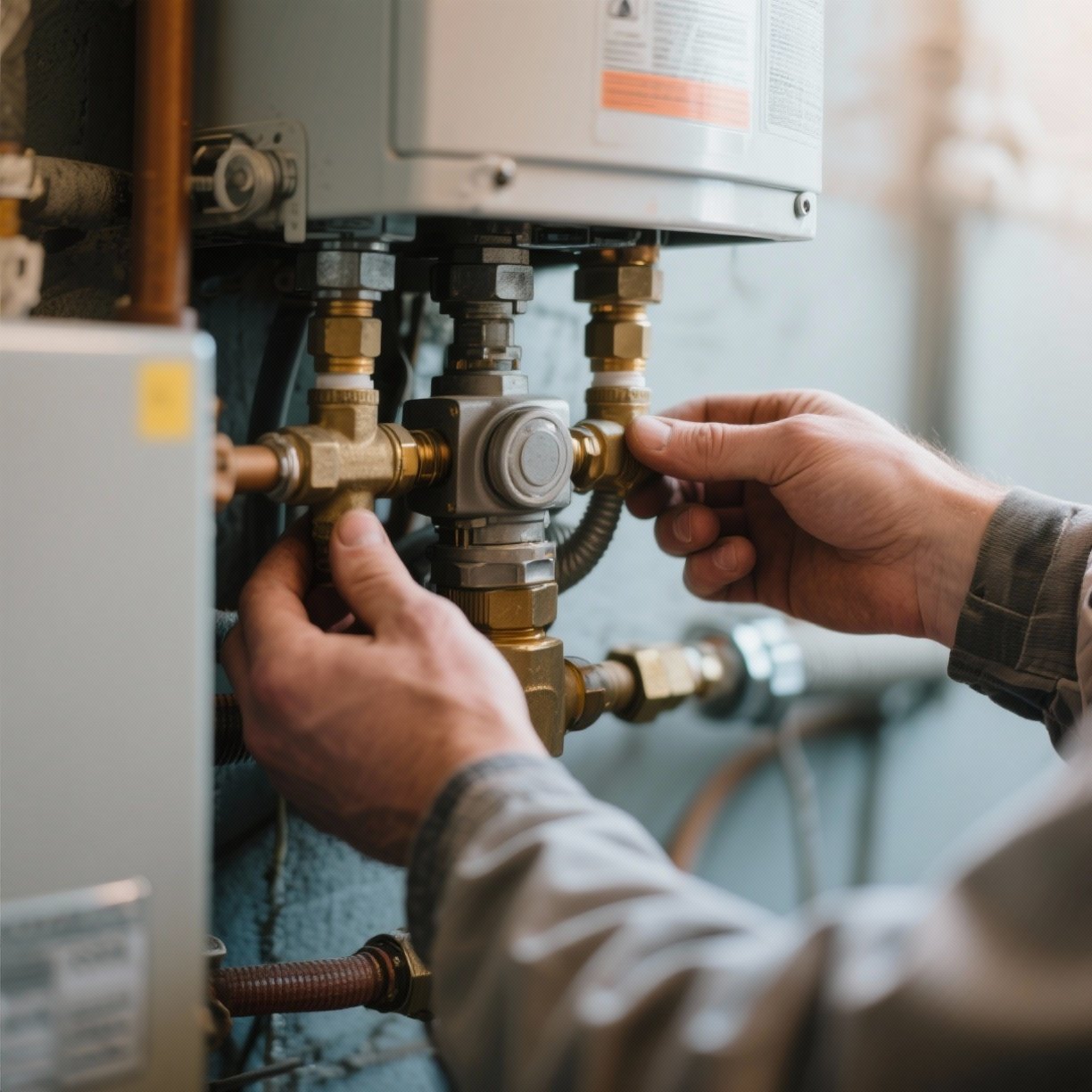 Hydronic boiler setup with air separator and circulator pumps in a Camden home