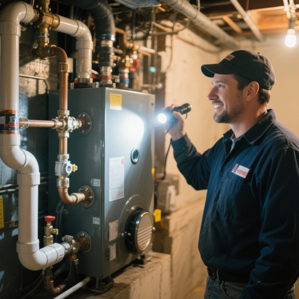Technicians rebuilding near-boiler piping during a steam boiler install in Camden